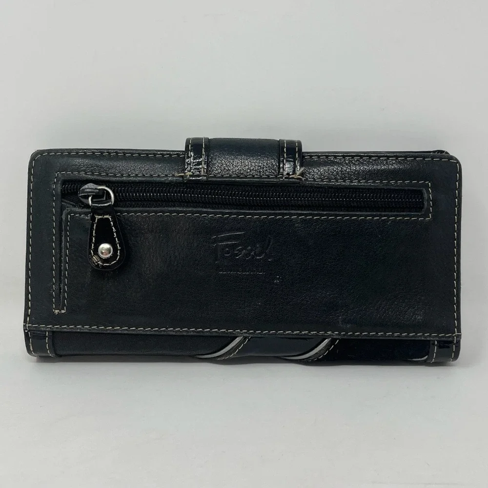 Vtg Fossil Black Diagonal Mixed Suede Patent Leather Bi‎ Fold Wallet Y2K Indie